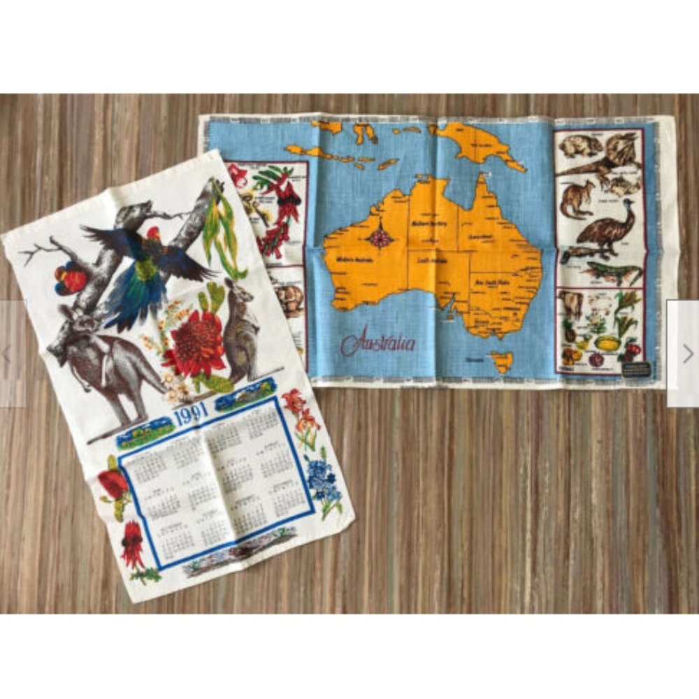 2 Vtg Australia Souvenir Kitchen Tea Towel Country Map +1991 Calendar Dish Cloth
